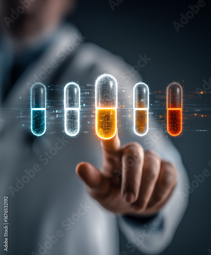 Futuristic doctor selecting glowing holographic capsules with capsules lined up, digital medicine interface, representing the future of healthcare and medical innovation.