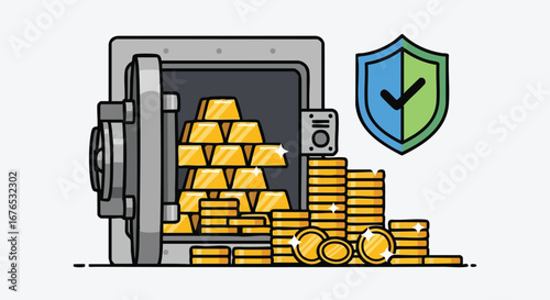 Stylized safe overflowing with gold bars, protected by a security shield promising safety and secure monetary assets financial stability and