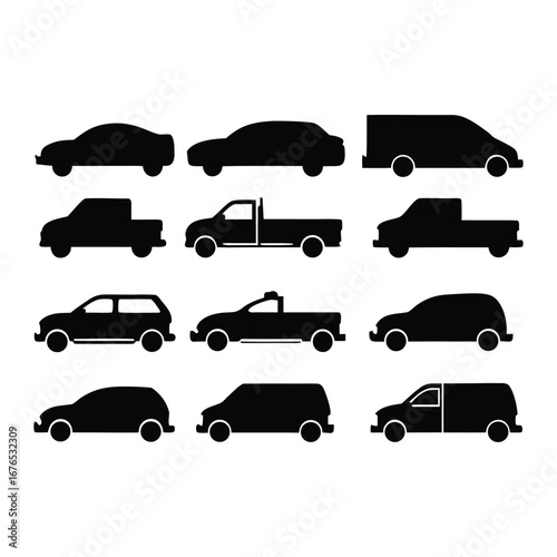 Car Silhouette Icon Set – 8 Different Vehicle Shapes Front and Side Views