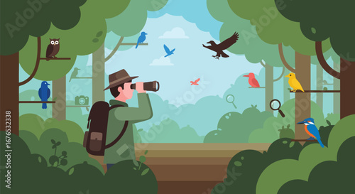Illustrated wildlife observer with binoculars surrounded by birds in a vibrant forest scene exploration of natural habitats and biodiversity