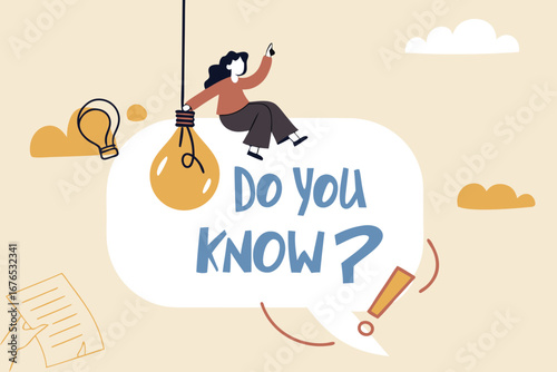 Did you know, fun fact, idea or advice message, useful knowledge or wisdom, expert information, explanation or solution, useful tips concept, woman talk on megaphone on did you know speech bubble. 