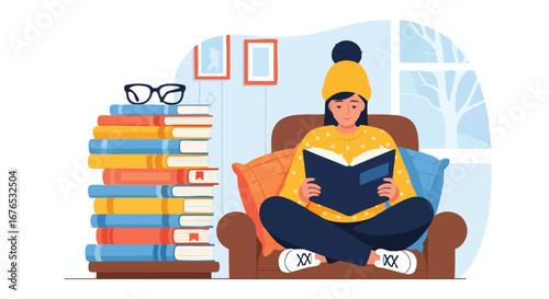 Cozy winter reading: A young woman immersed in a book by the window, surrounded by comforting literature, creating an inviting atmosphere for