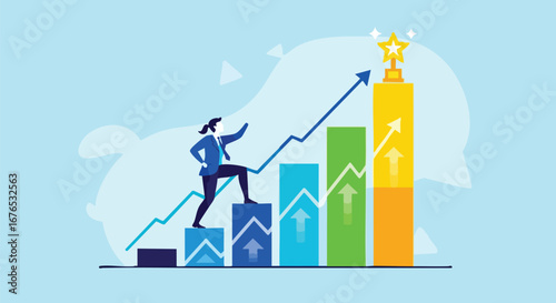 Businesswoman climbing bar chart towards the goal, illustrating success and career path for corporate women reaching financial targets and