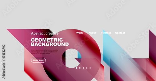 Modern website mockup displays abstract geometric design. Text elements present portfolio information, contact details. Vibrant colors dominate composition.