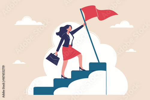 
Success fearless female entrepreneur, woman leadership or challenge and achievement concept, success businesswoman on top of career staircase holding winning flag looking for future visionary. 