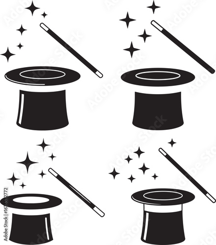 Magic hat and wand silhouette set