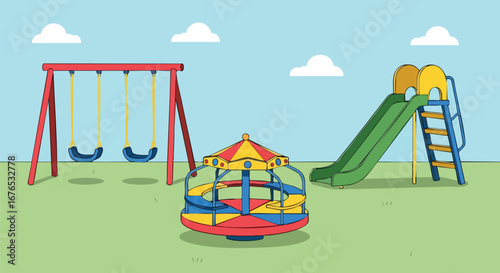 Playground scene illustration featuring swings, slide, and roundabout, set against a serene background with white clouds in the sky