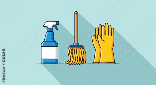 Colorful illustration displaying a spray bottle, mop, and protective gloves against a pastel background representing cleaning tasks and hygiene habits