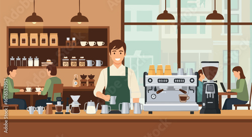 Stylized vector illustration showcasing a barista preparing coffee in a cozy cafe interior with customers and a large window view offering a