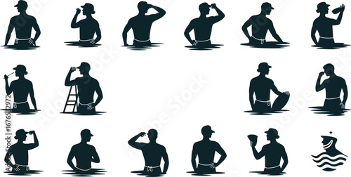 Lifeguard silhouette collection, various lifeguard poses, swimming pool safety, rescue actions, whistle blowing, lookout, lifeguard equipment, water rescue, summer safety concept