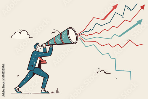Forecast or prediction to see or analyze future opportunity, forwarding data analysis, leadership vision or discover investment plan concept, businessman look through telescope to see forecast chart. 