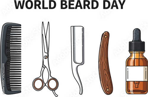 World beard day with comb, scissors, razor and oil, vector illustration for barber shop and grooming
