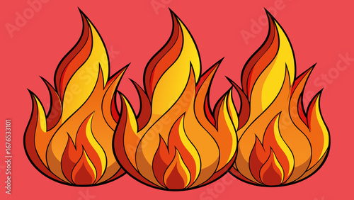 Vibrant stylized flames in shades of orange and yellow against a bold red background