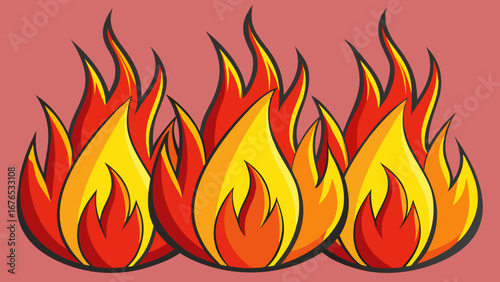 Vibrant cartoon flames dance in a fiery display against a soft pink background