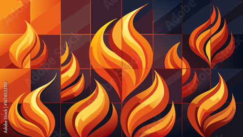 Abstract geometric flames in warm orange and yellow hues against a dark tiled background