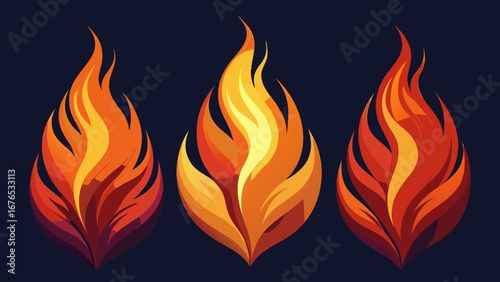 Three stylized abstract flames in warm colors against a dark blue background