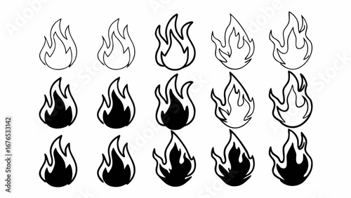 Collection of stylized flame icons in various outlines and solid black fills