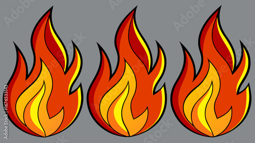 Three stylized flames with vibrant orange and yellow colors against a plain gray background