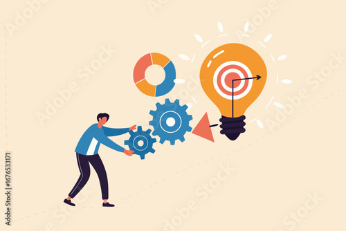 Project initiation or project execution, research or implement business idea to see result, effort to develop idea and business goal concept, businessman turn cog wheels to light up lightbulb idea. 