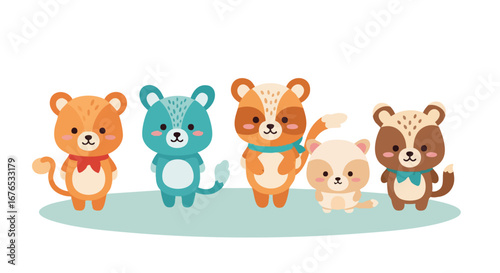 Charming array of five stylized cartoon animals on teal base against a white background in playful illustration style