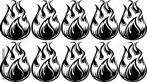 A repeating pattern of stylized black flames on a white background