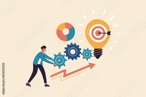 Project initiation or project execution, research or implement business idea to see result, effort to develop idea and business goal concept, businessman turn cog wheels to light up lightbulb idea. 