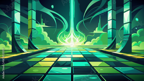 Futuristic emerald chamber with glowing central energy source and geometric pillars