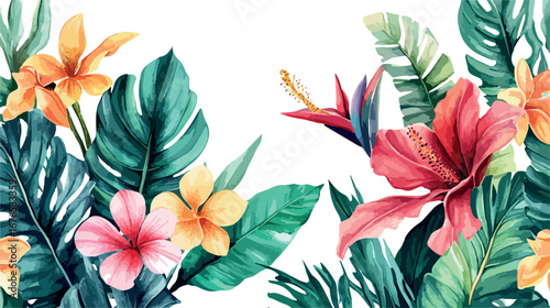 Vibrant tropical flower arrangement with lush greenery and palm leaves on white background
