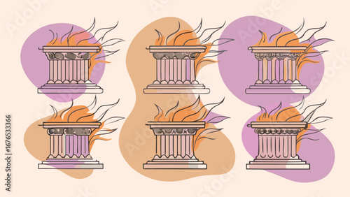 Ancient greek columns ablaze with stylized flames and abstract color blocks