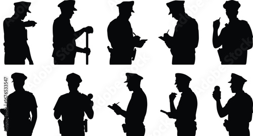 Police officer silhouette illustration, male cop figure, law enforcement pose, holding tools, walkie talkie, writing, isolated on white