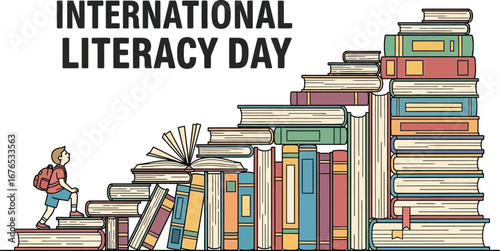 Illustration of a boy climbing a stack of books for international literacy day