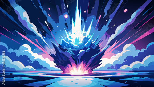 Vibrant abstract explosion of blue and pink energy emanating from a central light source
