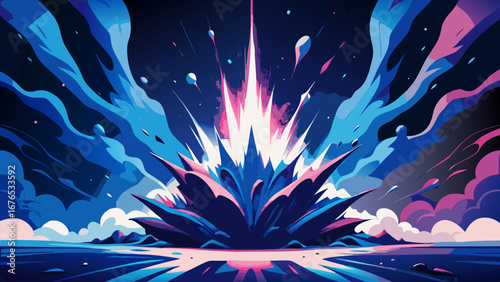 Vibrant abstract explosion of blue and pink energy against a dark cosmic sky
