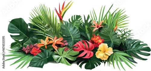 Vibrant tropical flower arrangement with lush greenery and palm leaves on white background