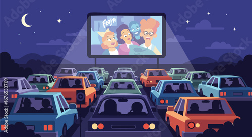 Retro Drive-In Movie Night: Cars Gather for Outdoor Cinema Under a Starry Sky Experience Viewing a Film