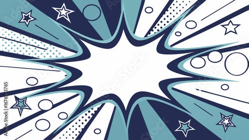 Dynamic comic book explosion burst with stars and circles in teal and navy blue