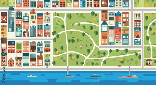Overhead view of a stylized city with colorful buildings, a large central park, and a waterfront with boats creating a vibrant urban scene