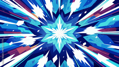Explosive geometric starburst of blue and white with sharp edges radiating outward