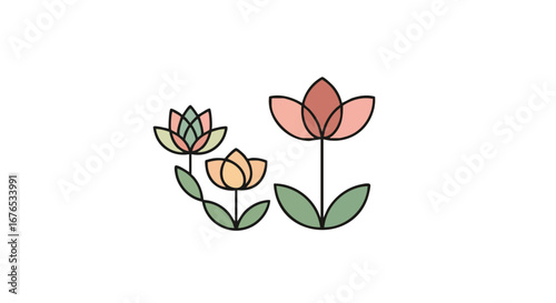Elegant Botanical Illustration: Three Stylized Flowers on a White Background, Representing Growth and Simple Beauty