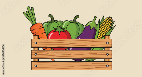 Vibrant Vegetable Medley: An Assortment of Fresh Produce in a Rustic Wooden Crate Illustration