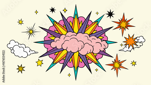 Vibrant comic book style explosion with colorful starbursts and fluffy clouds against a pale yellow background