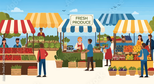 Bustling outdoor market scene with diverse vendors and customers amidst colorful stalls offering fresh fruits and vegetables