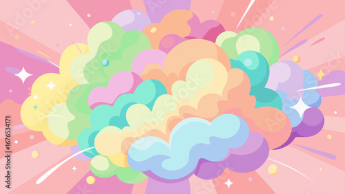 Vibrant explosion of pastel colored clouds and starbursts on a pink background