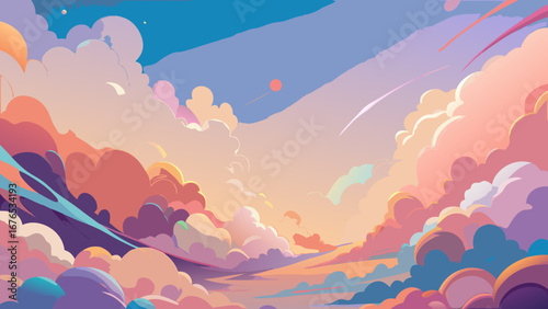 Vibrant surreal skyscape with dreamy clouds and a distant planet