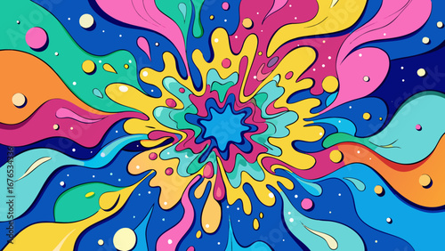 Vibrant abstract splash of psychedelic colors exploding outward with dynamic flowing shapes