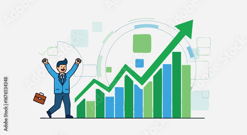 Cartoon businessman celebrating financial growth with increasing chart pointing upwards displaying the path to investment success and market triumph