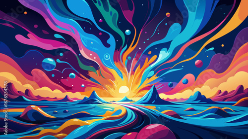 Vibrant abstract landscape with a colorful explosion of light and flowing shapes