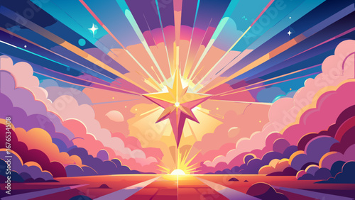 Radiant starburst sunrise over a colorful cloudscape with geometric rays