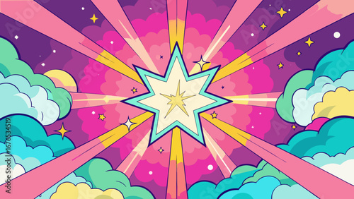 Explosive starburst with colorful clouds and cosmic rays in a vibrant comic book style