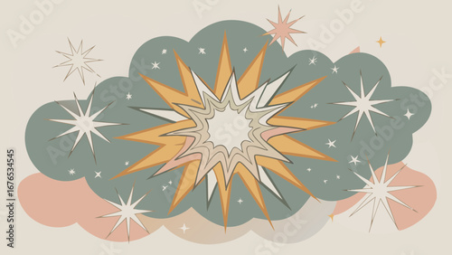 Retro starburst explosion amidst soft clouds and celestial sparkles